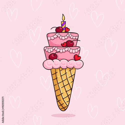 Ice cream in a waffle cone in the shape of a pink cake with cream and whipped cream, decorated with cherry hearts. Birthday ice cream with a candle. Cute kawaii illustration on a pink background with 