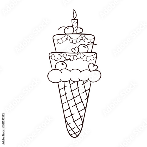 Coloring page ice cream in the form of a cake with a candle. Ice cream in a waffle cone in the form of a cake with cream and cream, berries and hearts