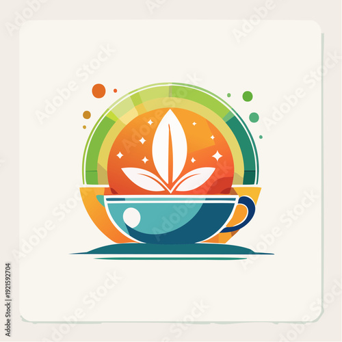 Refreshing herbal infusion concept an artistic teacup design featuring organic leaves, thriving in a luminous, colorful aura