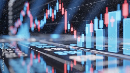 Wallpaper Mural Abstract digital visualization of financial data with glowing red and blue bars and lines reflecting on a dark, textured surface, conveying market volatility Torontodigital.ca
