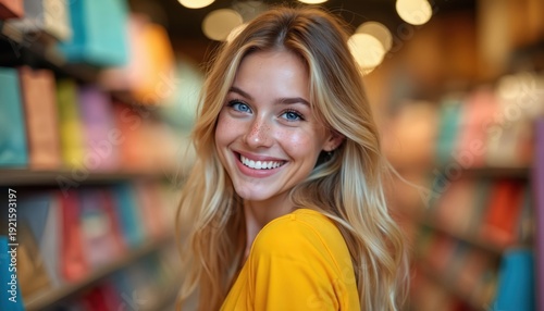 Wallpaper Mural Young woman with blonde hair and blue eyes smiles brightly in a store. Shelves with colorful items are blurred in background. Person appears happy and pleased with her shopping experience. Torontodigital.ca