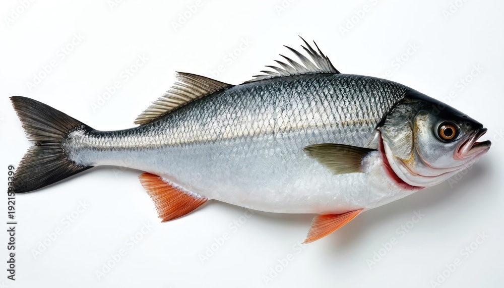 Fototapeta premium Single fresh fish on white background shows detailed scales and fins. This aquatic animal is ideal for culinary themes promoting healthy eating and protein sources.