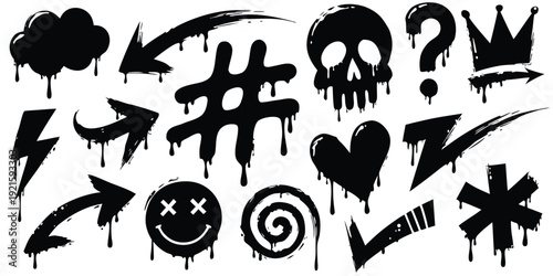 graffiti, spray, paint, street, art, urban, element, set, icon, grunge, texture, drip, splatter, aerosol, design, vector, skull, crown, heart, star, lightning, arrow, cloud, hiphop, culture, style, cr