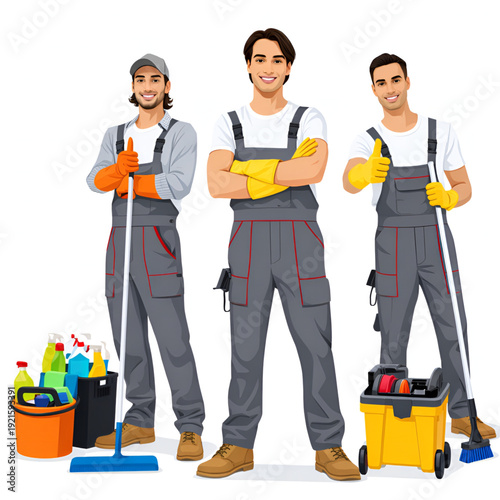 Smiling Janitors in Uniform Showing Thumbs Up Ready for Sanitation Service