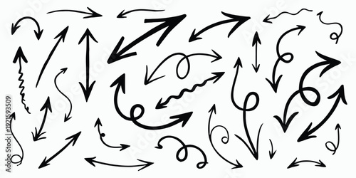Hand drawn Arrows doodle icons set. Curved cartoon arrows sketches collection. Flat and thin pointers illustrations. Scribble swirl arrow signs.	
