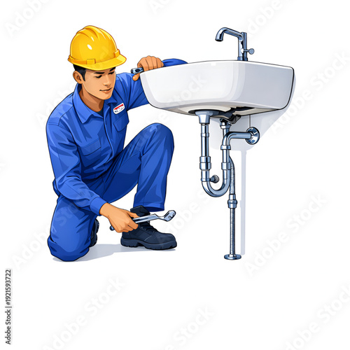 Professional Plumber in Uniform Fixing Bathroom Sink Pipes with Wrench