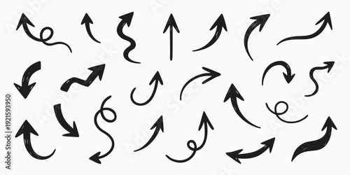 Hand-Drawn Style Arrows Collection: 22 Unique Black Arrows Illustrating Various Directions and Movements