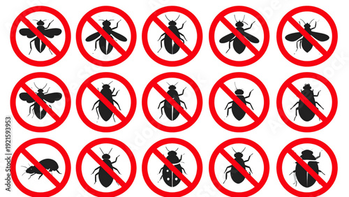 No Insects and Pests Signs Collection – Flat Crossed Bug Warning Vector Set