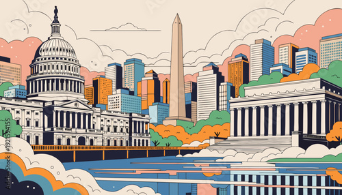 Washington dc skyline with famous buildings suits travel blogs, city guides, history books, and patriotic designs aiming at iconic landmarks.