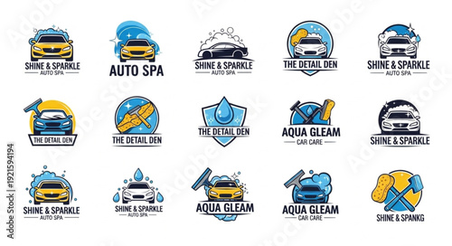 Collection of car wash logos and emblems.