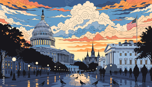 Washington dc skyline with us capitol and white house at sunset. Suitable for travel, political, and patriotic themes in designs.