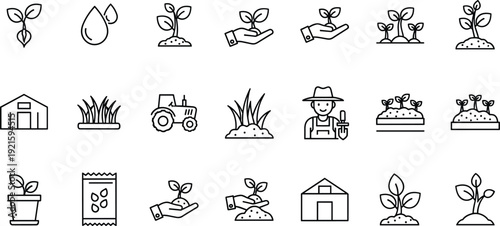 Agriculture and farming line icons set with plants tractor soil watering vector collection