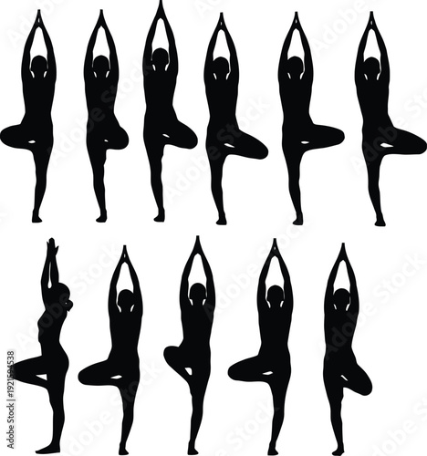 Yoga poses in various stages of tree and eagle stances