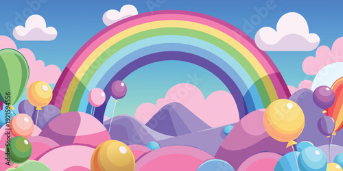 Vibrant spring landscape with a rainbow and clouds under a sunny blue sky in a colorful vector illustration featuring summer nature elements and bright rays of light