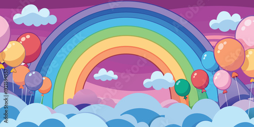 Vibrant spring landscape with a rainbow and clouds under a sunny blue sky in a colorful vector illustration featuring summer nature elements and bright rays of light