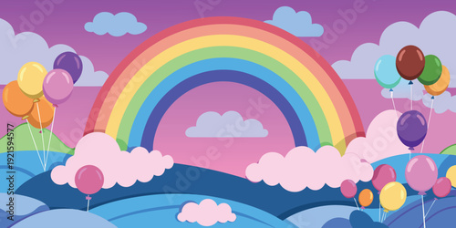 Vibrant spring landscape with a rainbow and clouds under a sunny blue sky in a colorful vector illustration featuring summer nature elements and bright rays of light