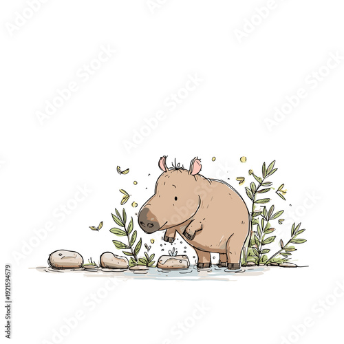 Cute Tapir Splashing in Rainforest Stream