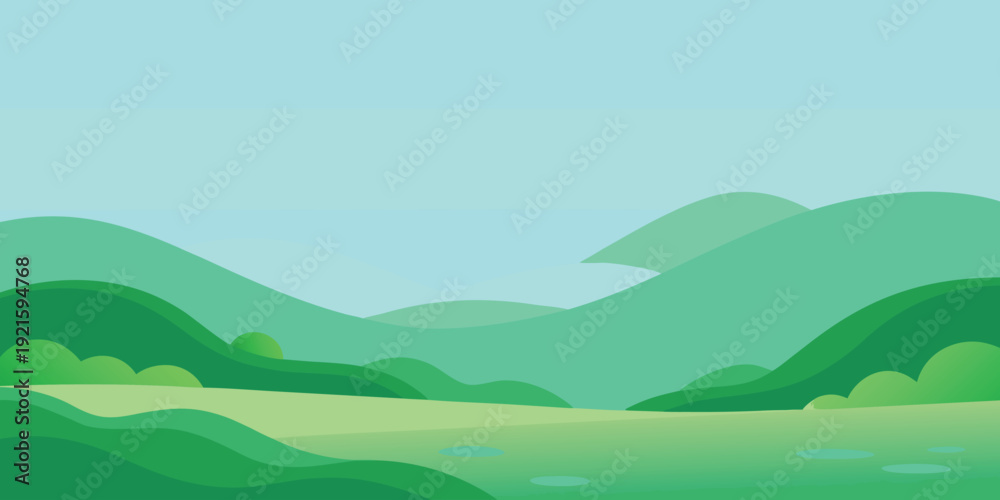 Obraz premium A summer nature landscape with green hills and mountains under a blue sky with white clouds and a bright horizon