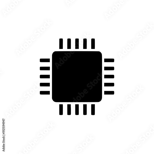 A stylized black and white illustration of a microprocessor chip with pins