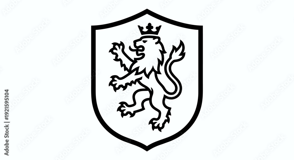 Fototapeta premium A heraldic lion rampant, wearing a crown, displayed within a simple shield shape as a strong emblem.
