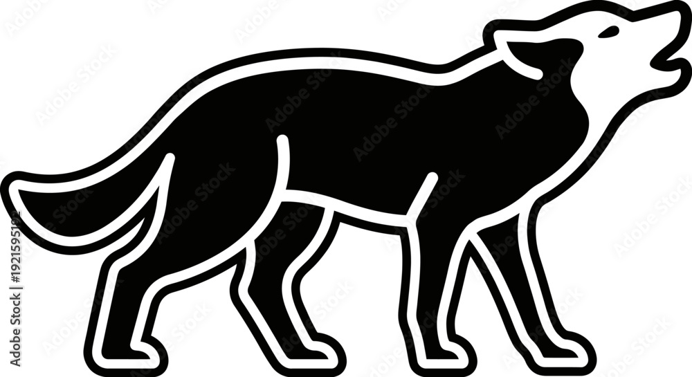 Obraz premium A black and white silhouette icon depicts a howling wolf standing on a plain white background.