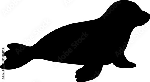 A solid black silhouette of a marine mammal, likely a seal or sea lion, rests on a white background.