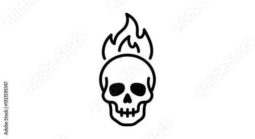 A simple line drawing shows a human skull with stylized flames emanating directly from the top.