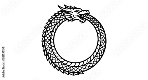 Detailed black and white illustration depicts an Ouroboros, a mythical snake or dragon consuming its own tail in a circular form.