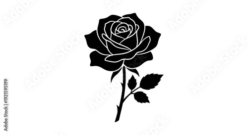 A detailed black outline drawing of a single blooming rose flower with a stem and leaves is presented vertically on a white background.
