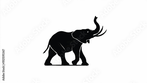 Black silhouette of an elephant walking on a white background with its trunk raised.