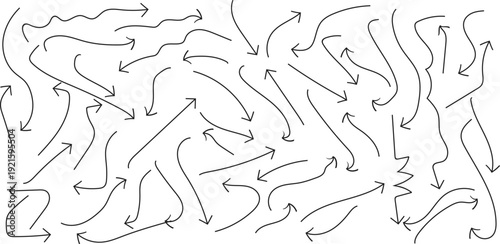 Hand Drawn Curved and Wavy Arrow Set.  Minimal Black Line Directional Doodle Arrows Collection Isolated on Transparent Background