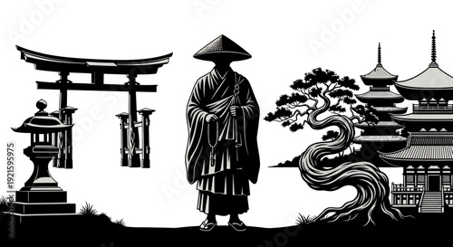 Japanese cultural elements illustration with traditional monk and landmarks.