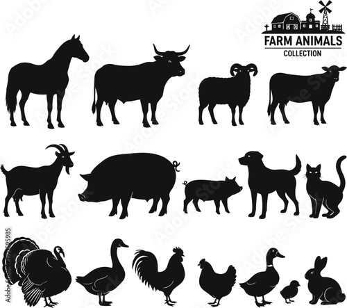 vector farm animals silhouettes isolated on white. cow, pig, goat, sheep, horse, poultry icons collection