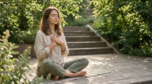 Outdoor breathing exercise with hands over heart
