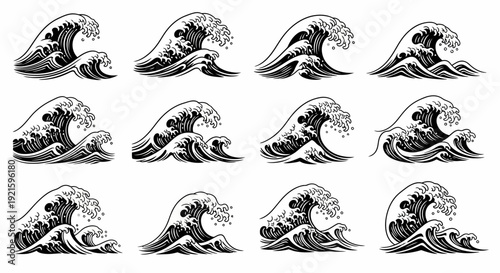 Collection of black and white wave illustrations in various styles.