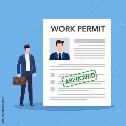 Work permit document approved, contract agreement athority, legal paperwork for employment with stamp signature, immigration permission concept, businessman employee with  approved work permit paper.