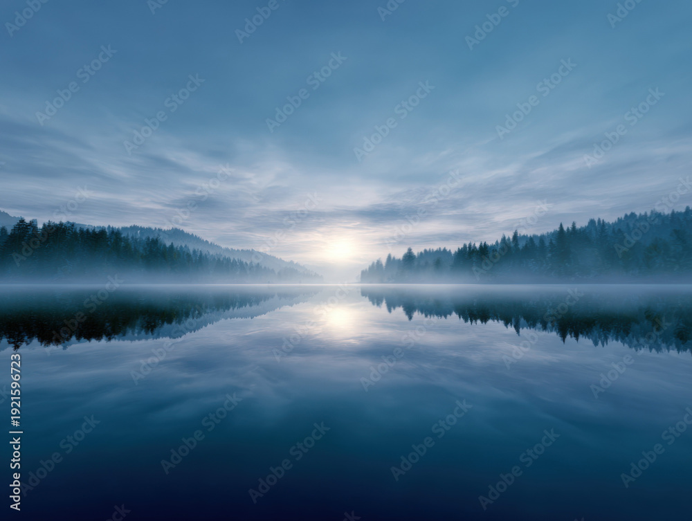 Fototapeta premium Sun rises over the calm lake surrounded by trees and misty mountains in the early morning