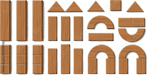 Set of wooden toy building blocks with natural timber grain texture including triangles squares rectangles and arches isolated on white background for play.
