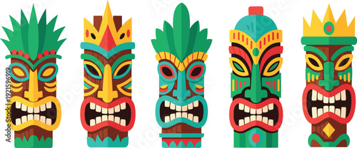 Colorful Tiki Mask Vector Illustration Set with Traditional Polynesian Tribal Totem Faces Isolated on White Background for Design