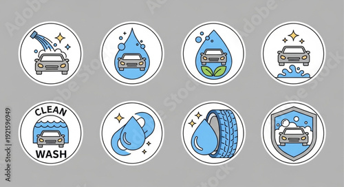 Collection of blue car wash service icons.