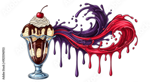 A vibrant illustration of a sundae dessert with ice cream, chocolate, cherry, and colorful splashes in a glass from a front viewpoint.