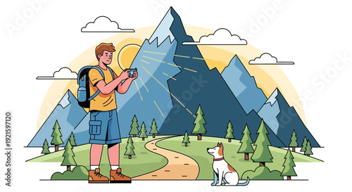 Capturing the Majestic Mountain View A Hiker and His Loyal Dog Enjoy the Scenery Together