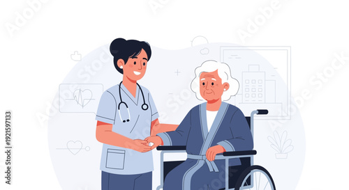 Caring nurse assisting elderly patient in wheelchair, providing support and comfort in healthcare