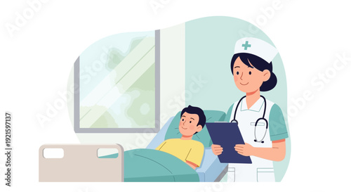 Caring nurse attending to a young patient in a hospital ward, ensuring comfort and well-being