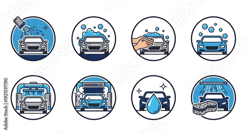 Car wash service icons set with steps.