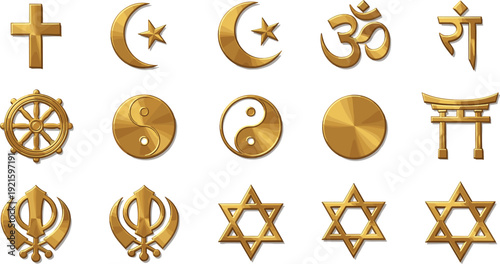 Golden religious symbols set featuring 3D metallic icons of cross, crescent moon, star, om, dharma wheel, yin yang, torii gate, khanda, and david star, isolated on white background for.