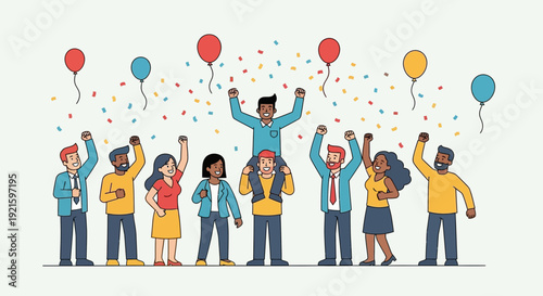 Celebrating success together: A diverse team enjoys achievement with balloons and confetti