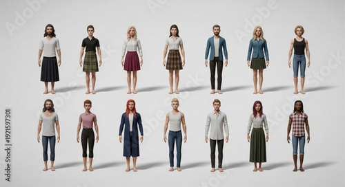 Collection of diverse standing human characters in casual outfits.