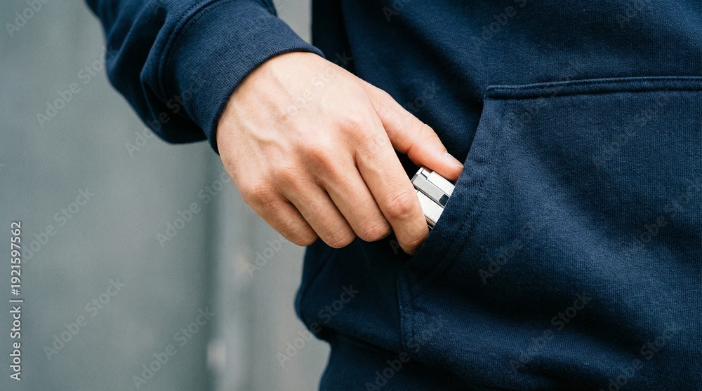 Fototapeta premium Person's Hand Reaching into Hoodie Pocket, Close-up View of Daily Item Storage in Casual Urban Setting