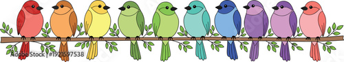 A row of colorful small birds in rainbow colors sitting on a tree branch with green leaves isolated on white background vector.